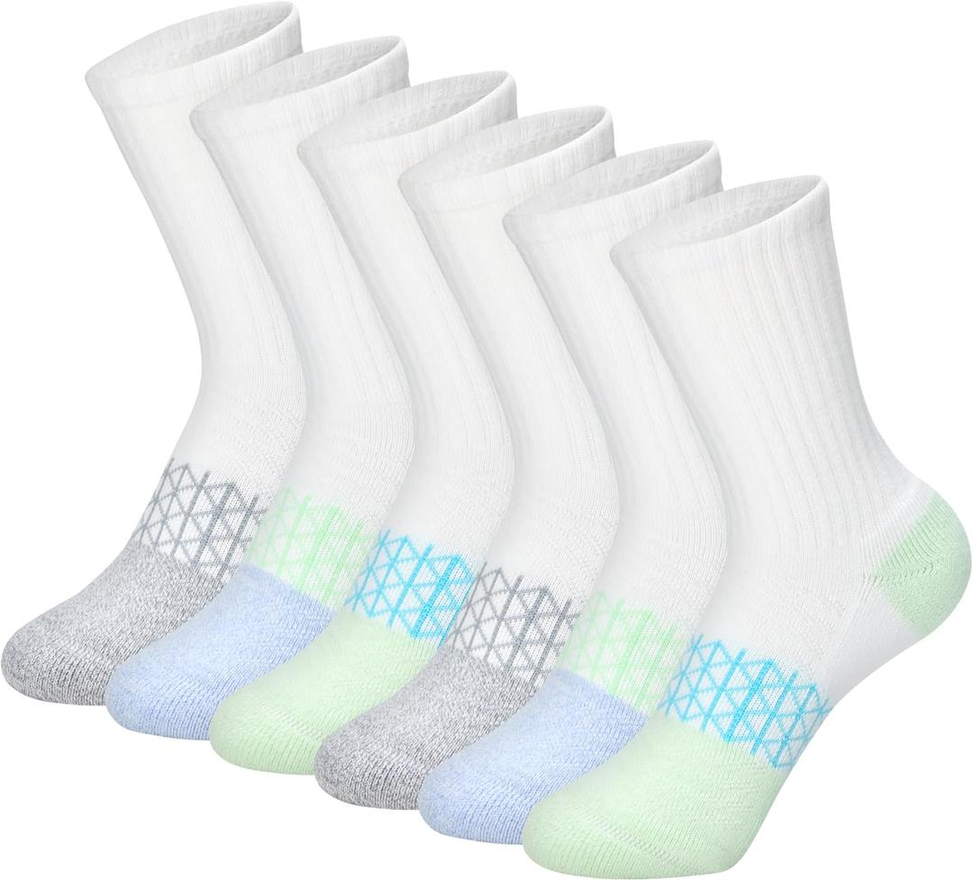 Hanes girls Socks Pack, Ankle, Crew, No Show 6 Pairs, Absolute Active Cushioned Ankle Socks for Girls (Medium, Crew - White/Green)