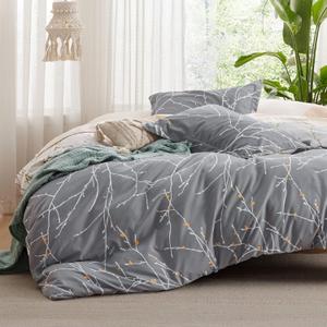 Bedsure Duvet Cover Queen Size - Reversible Tree Branch Duvet Cover Set with Zipper Closure, 3 Pieces Grey Bedding Set with 8 Corner Ties and 2 Pillow Shams 20"x26" (03 - Grey/Ivory (No Comforter))