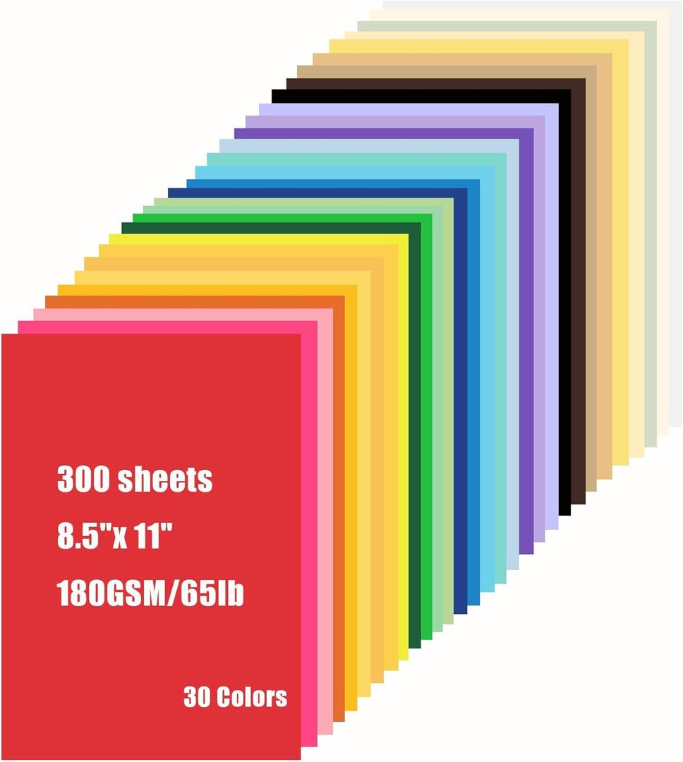 300 Sheets Colored CardStock Printer Paper 8.3 x 11.7 - 30 Assorted Colors 180 GSM Double Sided Cardstock Colored Paper for Scrapbook Invitations DIY Crafts Cards Making