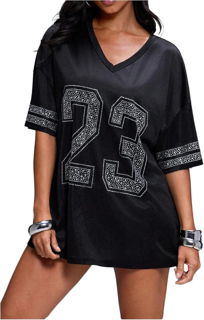 WDIRARA Women's Rhinestone Jersey Shirts Number Graphic V Neck Half Sleeve Loose Tops Streetwear (Large, Black)