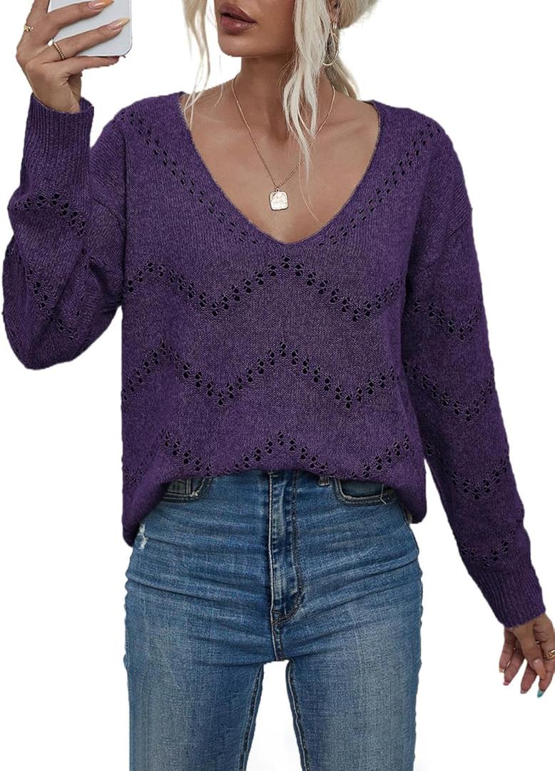 EVALESS Women's Crochet Sweater Top Hollow Out Long Sleeve Pullover Tops Fall Outfits Fashion 2024 (XX-Large, Kyoho Grape)