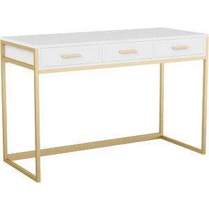 Martha Stewart Ollie Home Office Desk with 3 Drawers in White with Polished Brass Hardware