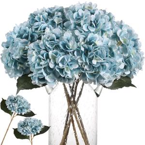 Kisflower Blue Hydrangea Artificial Flowers 6pcs Faux Hydrangea Flowers, Fake Flowers for Table Centerpiece, Blue Silk Hydrangea Flowers with Stems for Home Wedding Party Decor