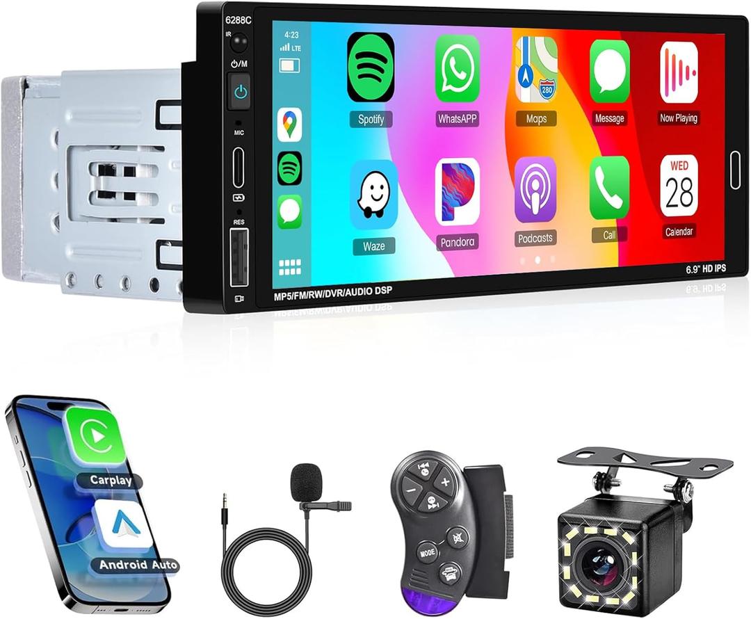 Single Din CarPlay Radio with Android Auto, Hodozzy 6.86 Inch HD Touch Screen Radio with Bluetooth, Car Radio 1 Din Mirrror Link,Voice Control,FM DSP SWC AUX/TF-Card/USB +Backup Camera
