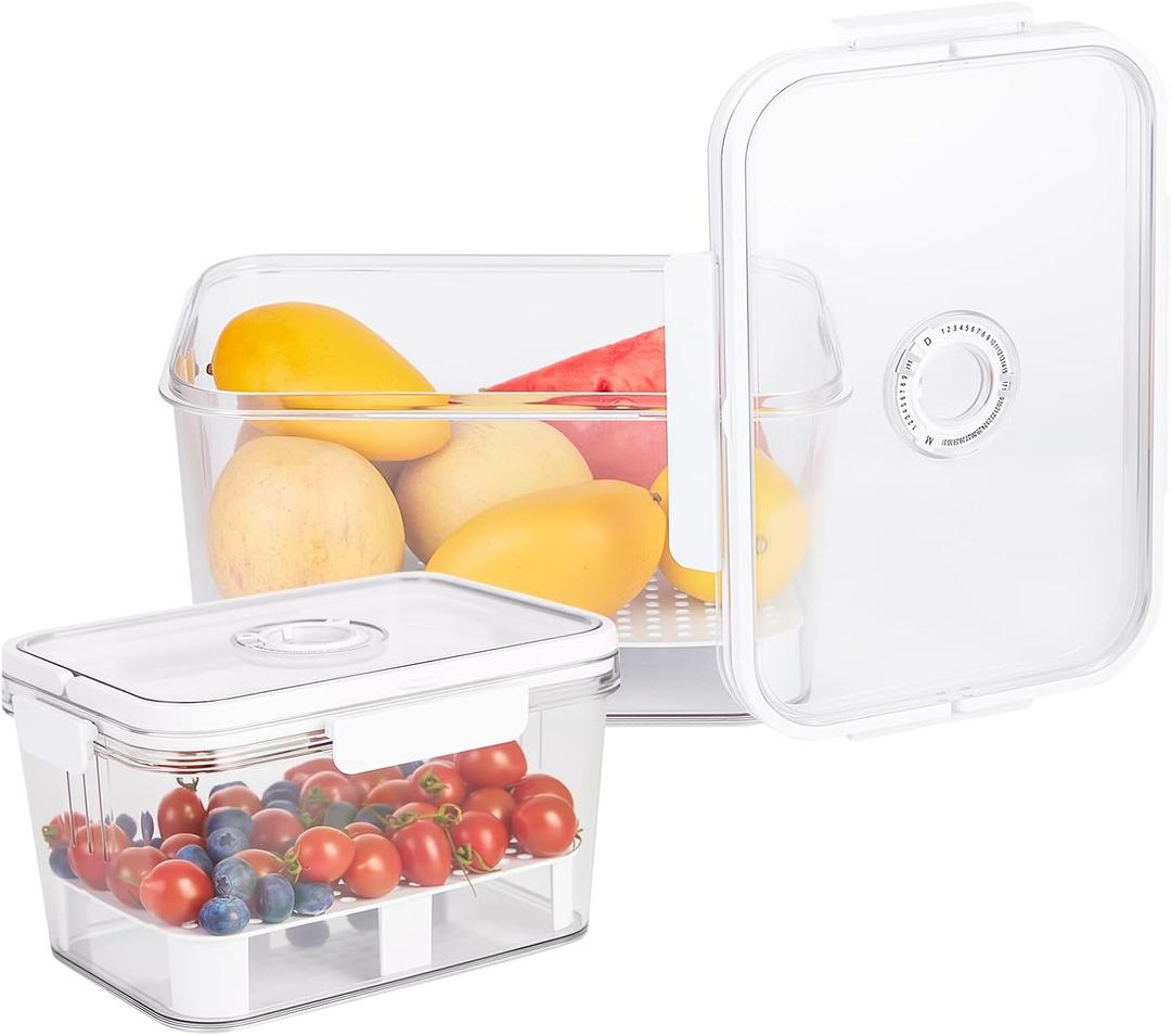 2 PCS Fruit Storage Containers for Fridge with Timer & Strainer, 5.5L+2.3L Bread Box BPAFree Produce Keepers Leakproof Food Containers with Handle Airtight Lids for Vegetables Fruit Meat Fresh Longer