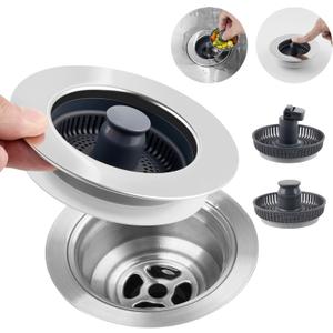 Hibbent Universal 3 in 1 Metal Kitchen Sink Drain Strainer, Upgraded Stainless Steel Drain Stopper Combo, Pop Up Sink Stopper, 3 Anti-Clogging Basket Strainers with Handle for US Standard 3-1/2" Drain