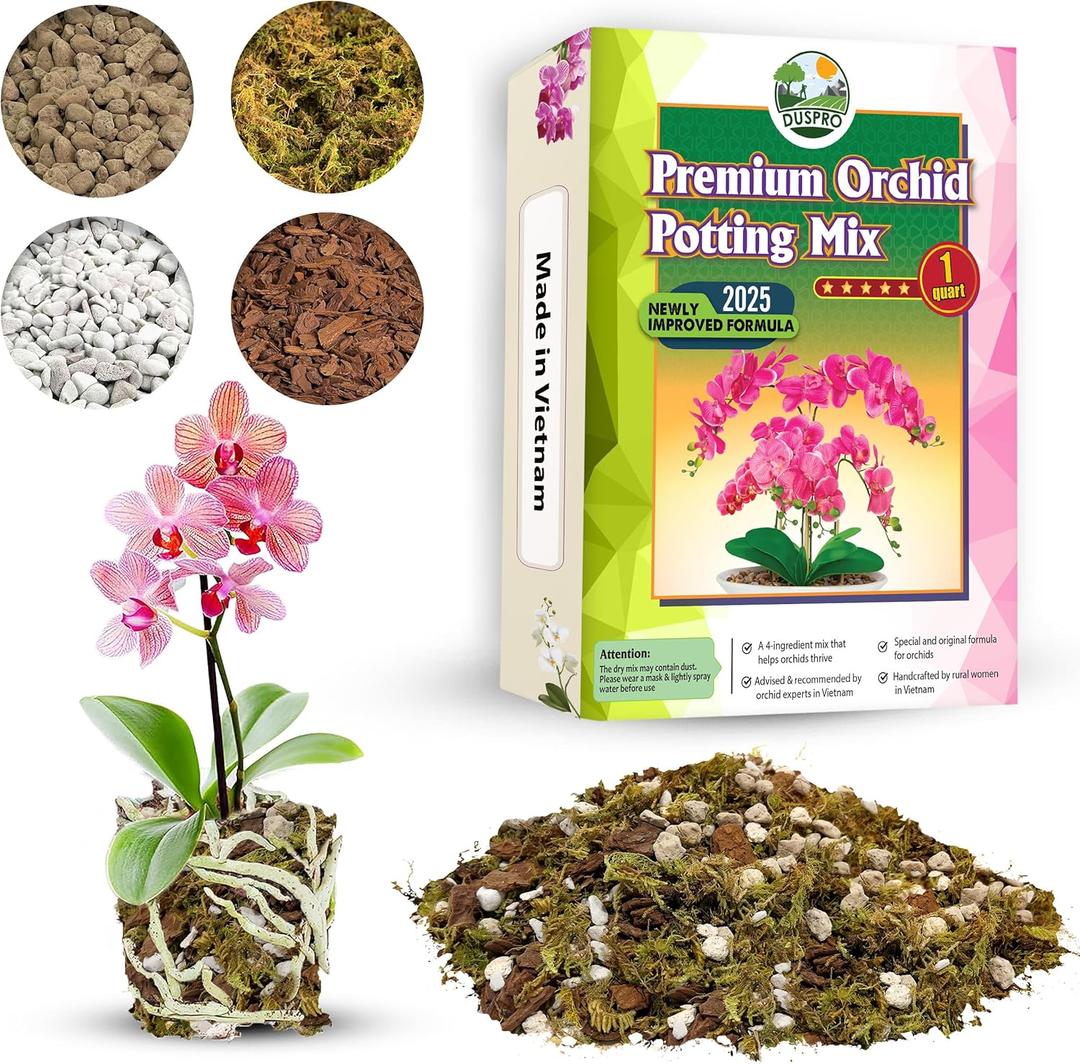 [Upgraded] DUSPRO Orchid Potting Mix for Repotting with Forest Moss, Pine Bark, Perlite & Pumice, Orchid Bark Potting Mix, Orchid Repotting Soil, Drainage Indoor Potting, Orchid Pot Not Included,1 QRT