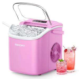 EUHOMY Countertop Ice Maker Machine with Handle, 26lbs Per Day, 9 Ice Cubes Ready in 6 Mins, Auto-Cleaning Portable Ice Maker with Basket and Scoop, for Home/Kitchen/Camping/RV (Pink)