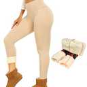 Thermal Thick Fleece Lined Leggings -High Waisted Warm Winter Yoga Pants for Women Running Workout Leggings, Beige, Large