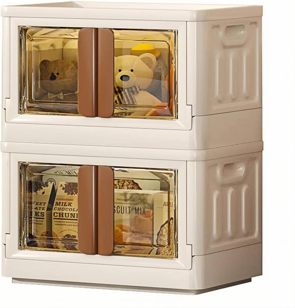 8.4Gal Collapsible Storage Bins with Lids & Wheels - 2 Pack Stackable with Doors, Heavy-Duty Plastic Containers for Home/Office, Milk White
