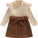 fhutpw Baby Toddler Girl Outfits Fall Winter Clothes Turtleneck Knitted Cotton Long Sleeves Tops & Button Mini Skirts Set (2-3T)