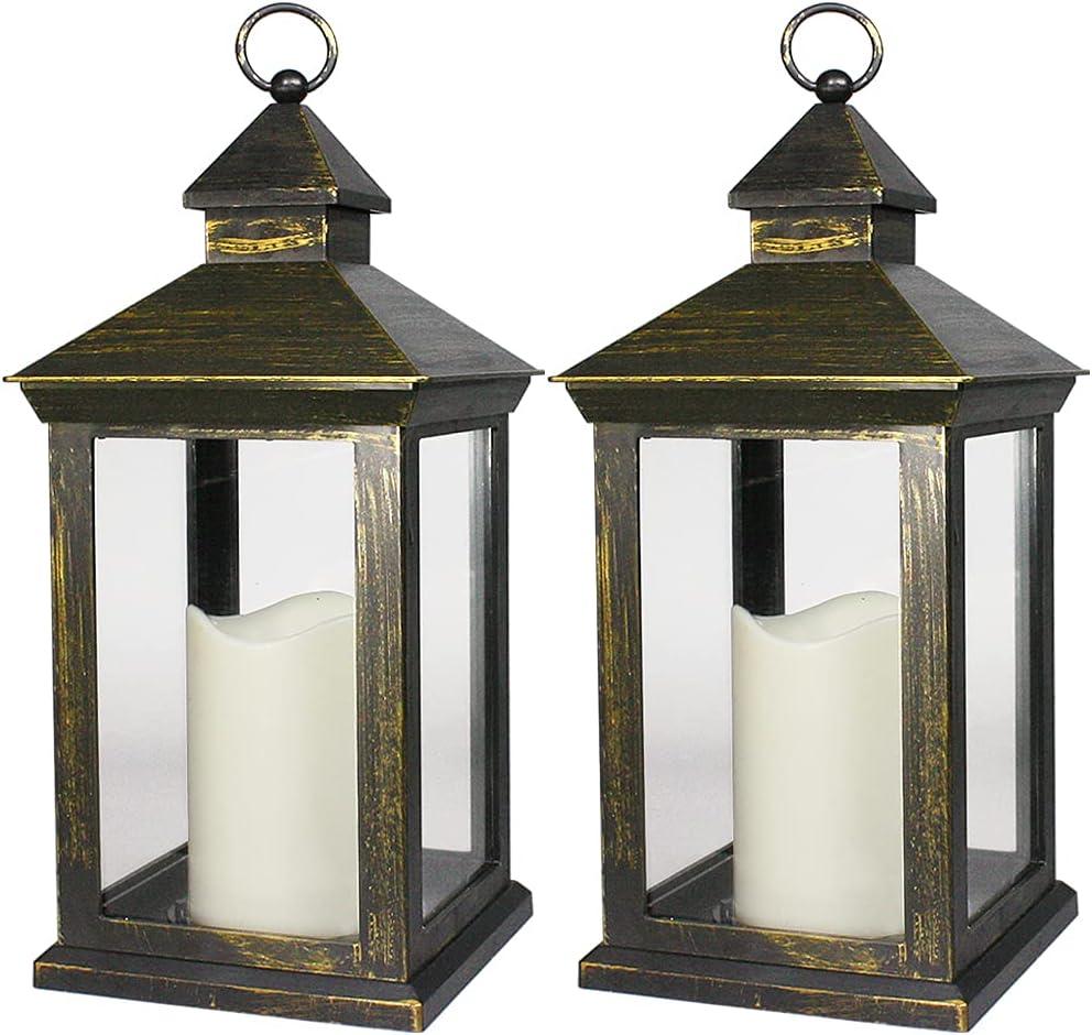 2-PACK 14 Inch Vintage Decorative Candle Lanterns With Timer - IP44 Waterproof Distressed Gold Decorative Outdoor Lanterns Battery Powered - Hanging Decorative Lanterns For Wedding Indoors