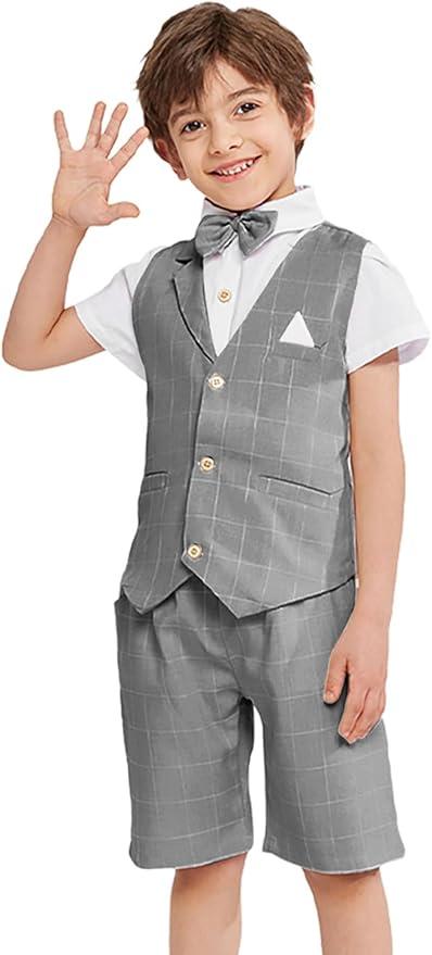 Summer Boys Suit Dress Clothes Kids Wedding Ring Bearer Outfit 3Pcs Shirt Vest Shorts Set  ,Size 130 , Color: Grey