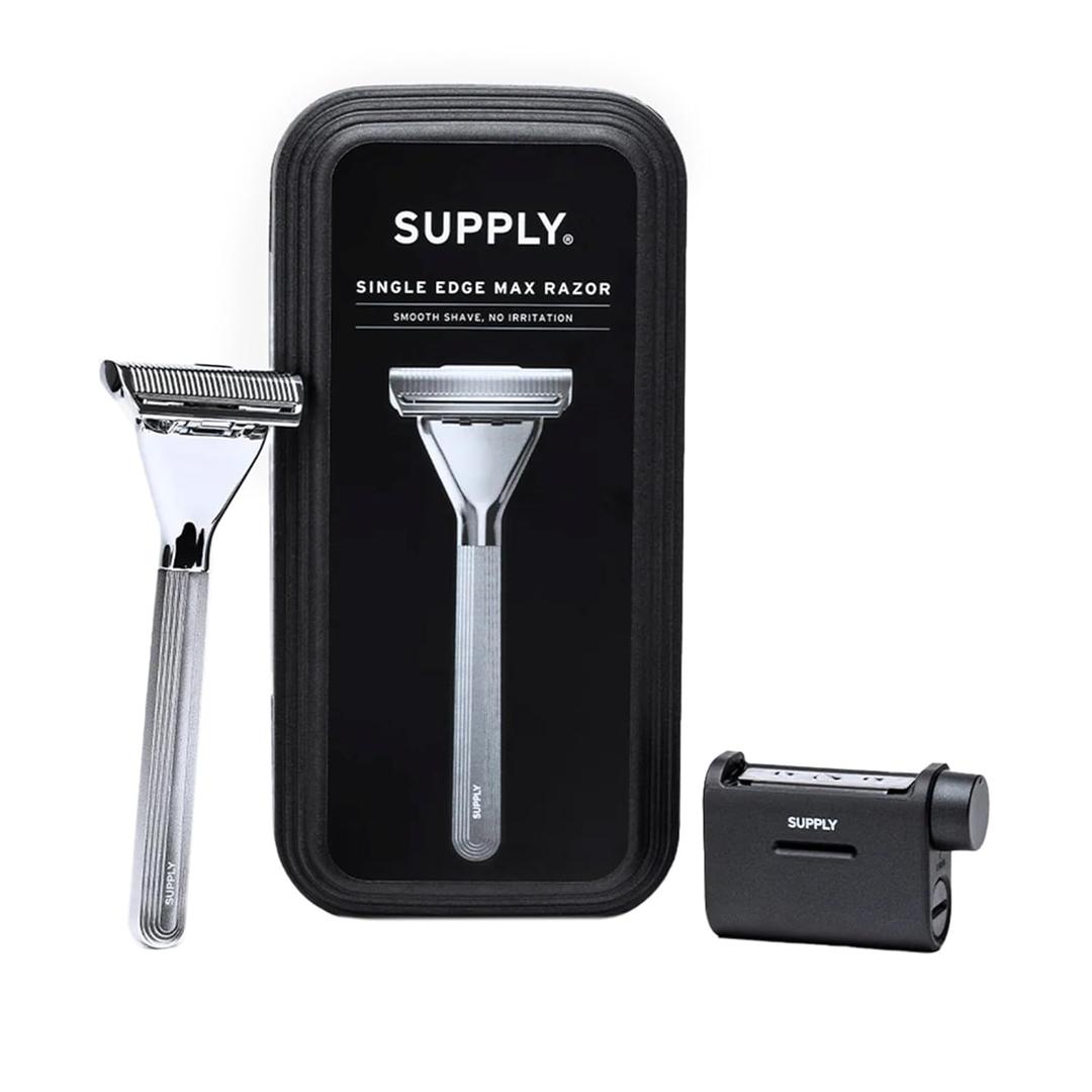 SUPPLY Single Edge Max Razor for Men Premium Metal Single-Blade Safety Razor with Pivoting Head for Fewer Cuts and Irritation Includes 8 Blades & Magnetic Reload System Sterling