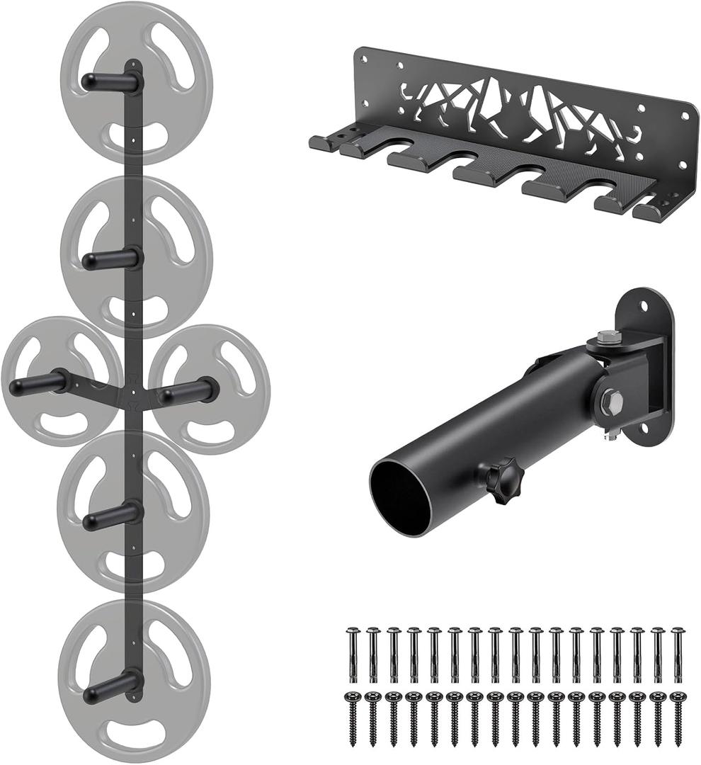 Kipika Gym Organizer Set - Wall Mounted Weight Plate Storage Rack Barbell Storage Rack with T-Bar Row Landmine Platform Attachment - Durable Steel Construction, Easy Installation (4-Peg and 2-Weight Wing)