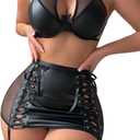 Sexy Cutout Halter Underwire Leather Mesh Sheer Mini Skirt Stocking Lingerie Set 4 Piece Outfits (XX-Small, Matte Black)