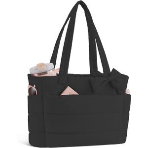 Puffer Tote Bag for Women, Quilted Bow Tote Bag with Cup Holder & 15.6 In Laptop Compartment for Work, Travel, Gym, College (Black)