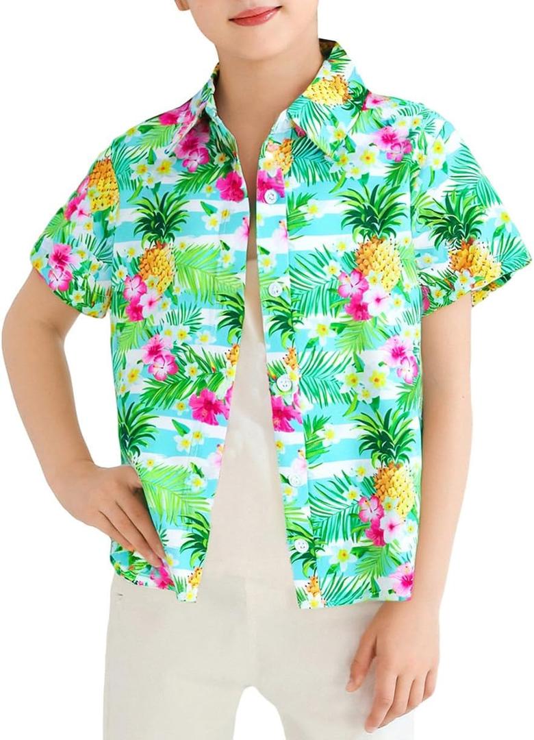 Boys Girl Hawaiian Shirt Tropical Button Down Blouse Summer Casual Beach Shirt Short Sleeve Top Size 5-27 Years Green