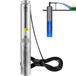 VEVOR Deep Well Submersible Pump, 3HP/ 2200W 230V/ 60Hz, 37GPM Flow 640 ft Head, with 33 ft Electric Cord, 4 inch Stainless Steel Water Pumps for Industrial, Irrigation & Home Use, IP68 Waterproof Grade