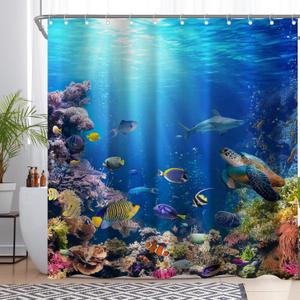 Under The Sea Shower Curtain for Bathroom 72" x 72" | Ocean Tropical Underwater World, Coral Fishes Turtle Home Decorations, Waterproof Polyester, Includes 12 Plastic Hooks