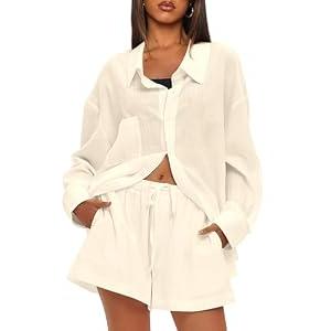 Darong Women 2 Piece Outfits Long Sleeve Button Down Blouse and Shorts Lounge Sets 9212 Beige XL
