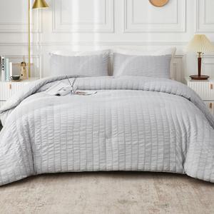 AveLom Seersucker Full Comforter Set, 80x90, Light Gray, 3 Pieces - 100% Microfiber, Soft Washed, Down Alternative, Chic Seersucker Design, Easy Care, Pet Friendly