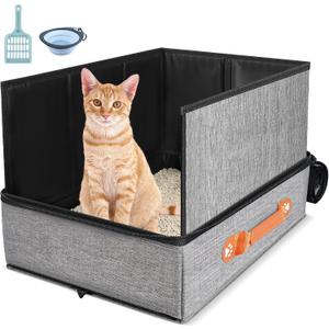 17.7''x 13.5''x 13.7" Travel Litter Box for Cats, Collapsible Cat Litter Box with Lid, Portable Cat Box with Zipper & Hard Bottom, Leak-Proof Kitty Litter Pan for Car Hotel Airplane, Water-Resistant
