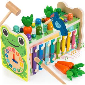 6-IN-1 Wooden Montessori Toys for 1 Year Old, Mole-Tapping Game | Play the Xylophone | Frog Clock | Carrot Harvest Game | Spinning Gear, Toddler Toys Aged 1-4, Baby Toy Gift for Early Learning (Green)