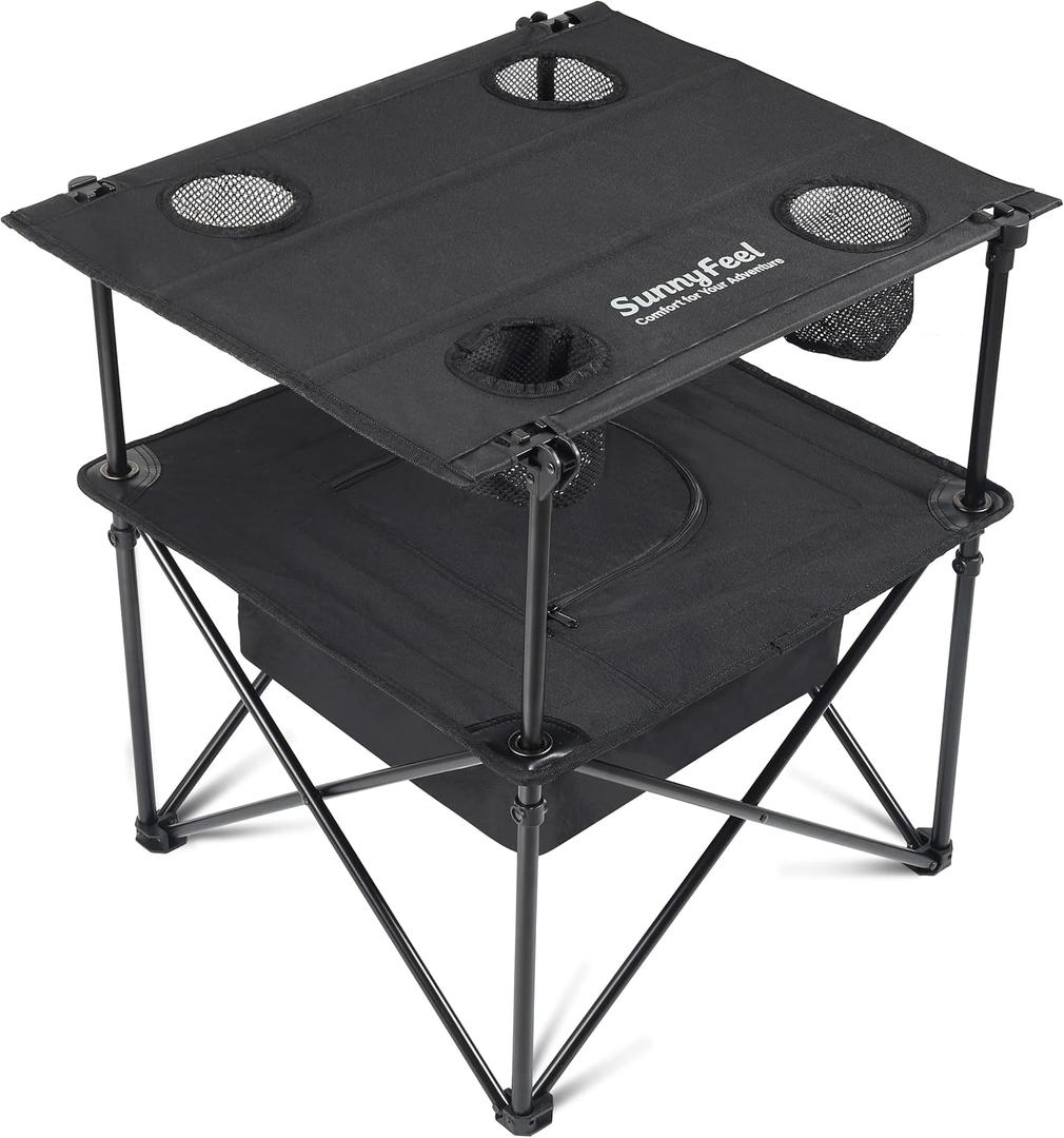 SUNNYFEEL Folding Camping Table with Cooler Bag & 4 Cup Holders, Collapsible Portable Beach Table with Carry Bag, Tailgate Picnic Table for Outdoor Camping Hiking Fishing BBQ Parties, Black