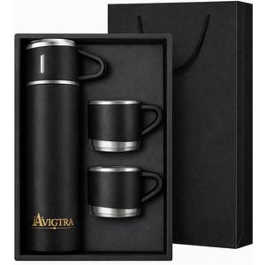 500ml Stainless Steel Vacuum Insulated Water Bottle Gift Set, 1 Bottle with 3 Cups, Double Wall Insulated Bottle for Hot & Cold Drinks Travel, Camping (BLACK)