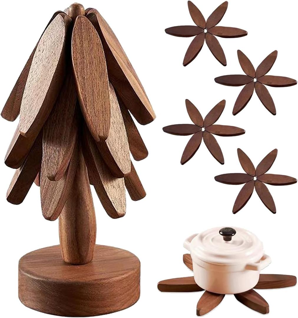 Wooden Tree Coasters, Trivets for Hot Dishes, Trivets for Hot Pots and Pans, Wooden Tree Trivet Set - 3 or 4 Wooden Trivet + 1 Stand, Christmas Coasters (Walnut,4pcs-A)