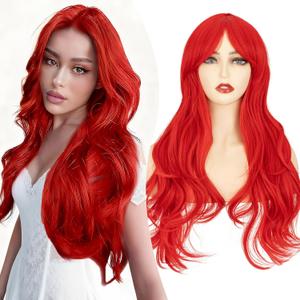 S-noilite Long Wavy Red Wig with Bangs 26 inch Heat Resistant Synthetic Hair Wig for Women Anime Cosplay Halloween Costume Party