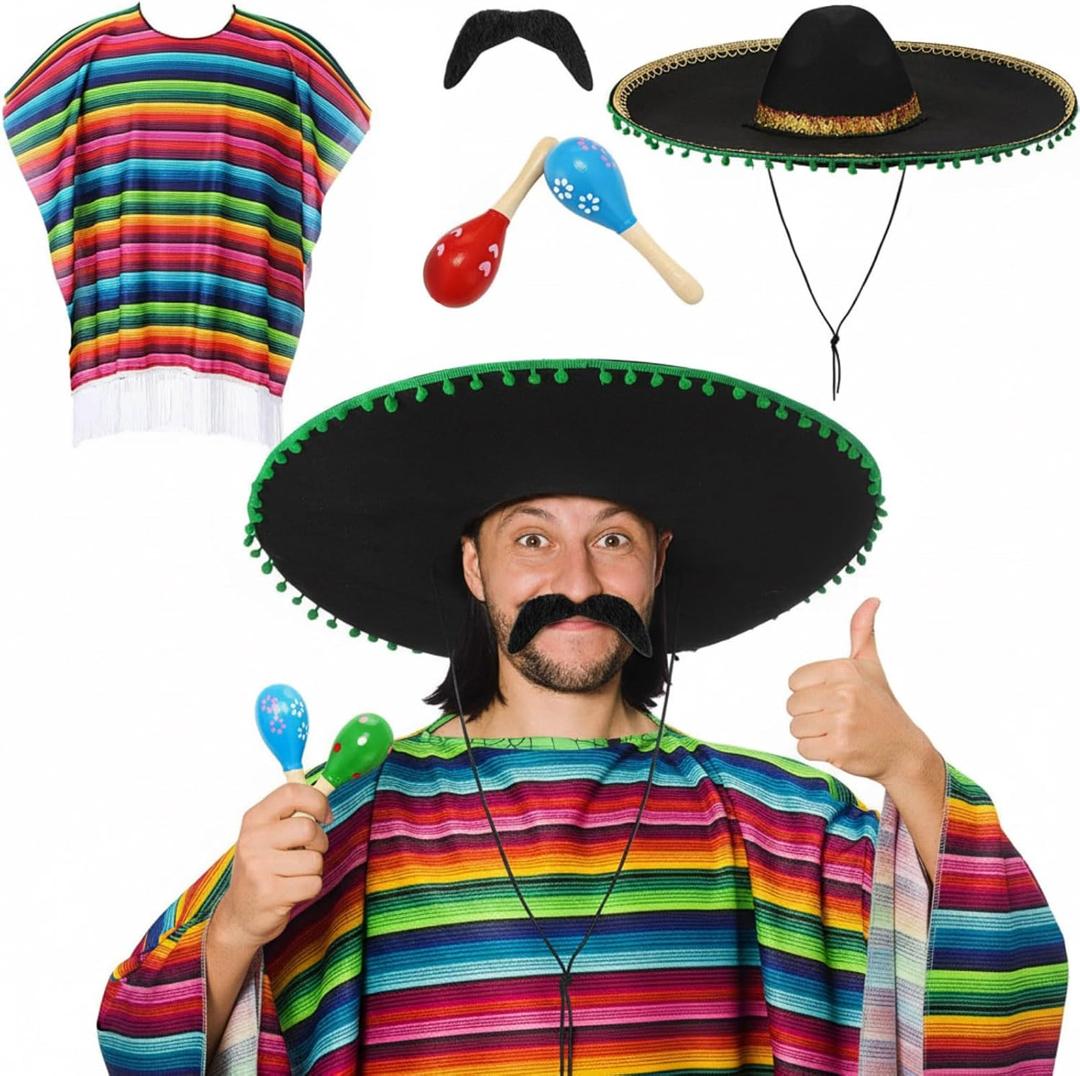 Unittype 6 Pcs Mxeican Costume Set Sombrero Hat Serape Poncho Mustache Maracas Fiesta Outfit Mexco Accessories, One Size