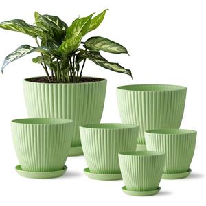 RooTrimmer 7.5/6.5/5.5/4.9/4.2/3.5 Inch Plant Pots with Saucers & Drain Holes - Indoor/Outdoor Flower Pots for Succulents, Herbs, Cactus - Modern Lightweight Durable Planter Set, Green