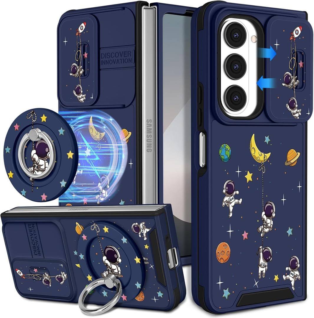 Buleens for Samsung Galaxy Z Fold 6 Case - with Ring Stand & Camera Cover Aesthetic Cute Designed for Women Girls Girly Cartoon Astronaut Cool Phone Case for Galaxy Z Fold 6 Compatible with Magsafe