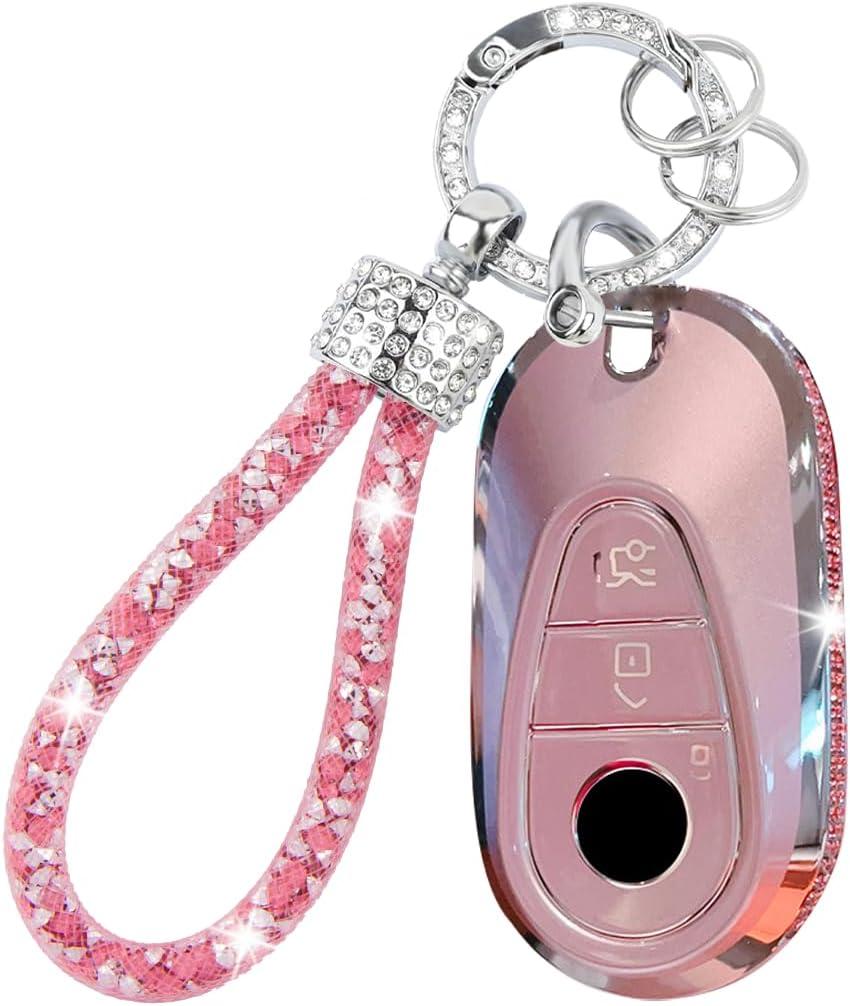 Generic Key Fob Cover for Mercedes Benz 2021-2025 E/C/S-Class EQE/EQS/GLC/Maybach 300/350/400/450/500/560/600/680/63/53 Key fob Cover with Metal Keychain Case Key Shell Protector Accessorie (Pink)