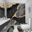beifivcl 4Pcs Marble Shower Curtain Sets, Bathroom Decor Sets, Luxury with 12 Hooks, Bath Mat, Toilet Lid Rug and Non-Slip U Shape Mat Accessories, 72 x 72 Inch, Black