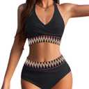 AI'MAGE Women High Waisted Bikini Sets Tummy Control Swimsuits Two Piece Swim Suits 2025 Color Block Halter Bathing Suits (Small, Black)