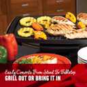 George Foreman Indoor/Outdoor Electric Grill with Stand | Indoor or outdoor electric grill with nonstick surface, 5 heat settings and fat-removing drip tray for healthier grilling.