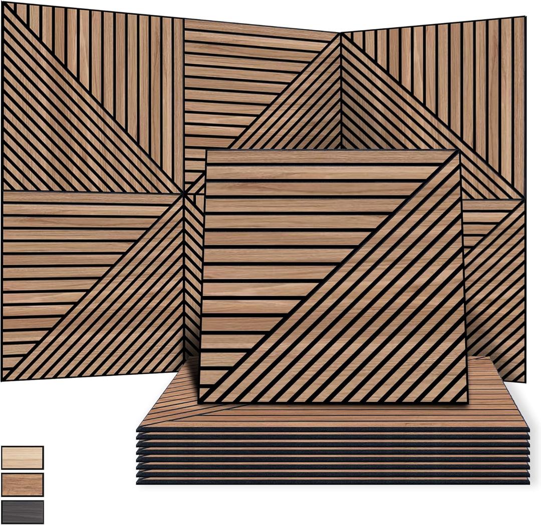 WoveN SounD Artisan Acoustic Wall Panels, 24x24 Inch 8 Pack, PVC Wood Grain Sound Proof Wall Decor, Self-Adhesive for Home, Studio, Office & Focus Zones, Linear Array Prismatic Shadows, Teak