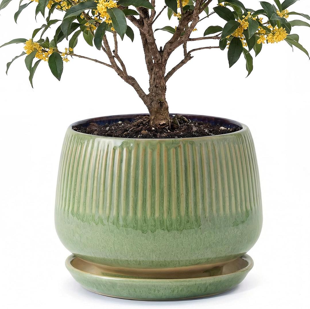 10.3 Inch Ceramic Planter with Saucer,Modern Garden Pots with Drainage Hole Mesh Net, for Indoor Outdoor Use (Crackle Green)