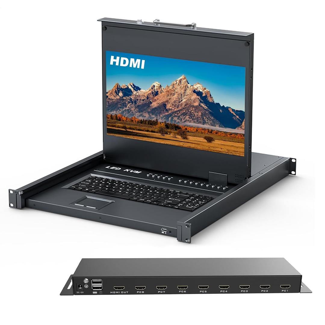 Rack Mount KVM w/17.3" LCD Monitor, MT-VIKI 8 Port HDMI KVM Switch 1920x108060Hz for 1U 19" Rack Support OSD Menu/Hotkey+ 8 KVM Cables + Keyboard + Touchpad+ Drawer