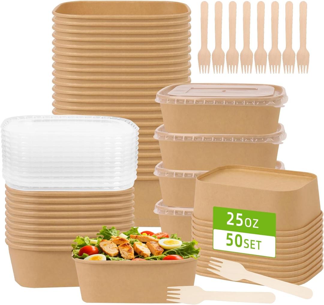 50 Pack 25 oz Paper Food Containers with Lids, Meal Prep Containers Disposable Large Paper Bowls, Microwavable and Freezer Storage Use Cardboard Food Containers (Brown)