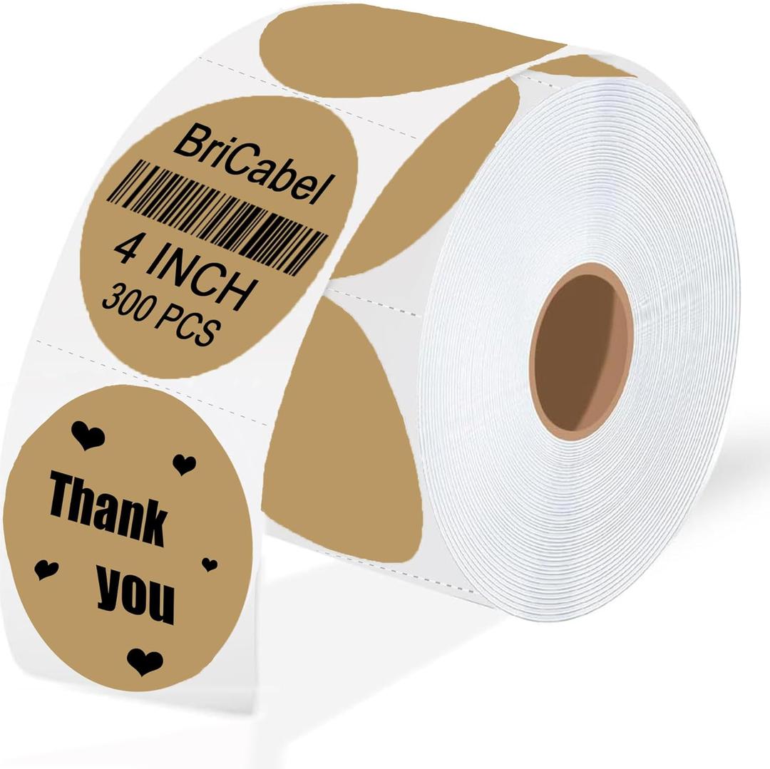 4 Inch Large Brown Circle Thermal Labels, Self-Adhesive Round Inventory Stickers, Multi-Purpose Round Roll Thermal Printing Stickers for Business and Domestic Use-300 Labels/Roll