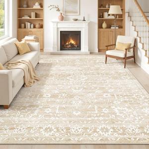 Soalmost 8x10 Washable Area Rugs for Living Room, Vintage Floral Non-Slip Low Pile Neutral Rug Soft Throw Large Carpet for Dining Room Bedroom Home Office (Beige, 8'x10')