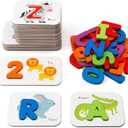 Coogam Numbers and Alphabets Flash Cards Set - ABC Wooden Letters and Numbers Animal Pattern Board Matching Puzzle Game Montessori Educational Learning Toys Gift for Preschool Kids Age 3 4 5 Years