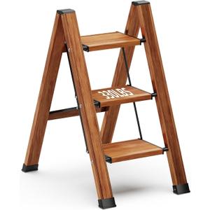 MIDOLI 3 Step Ladder Folding Step Stool with Anti-Slip Sturdy and Wide Pedal, Lightweight 330lbs Portable Aluminum Woodgrain Shelf for Household and Kitchen Space Saving