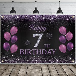 JOYKY Happy 7th Birthday Banner, Purple Party Decorations for Girls, 7 Year Old Backdrop Dcor Supplies, 5.9 X 3.8 Fts