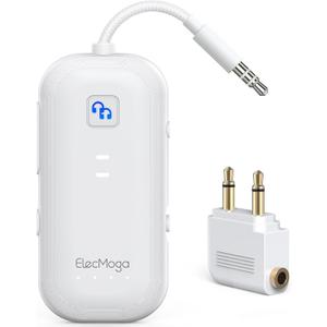 2025 Upgraded Airplane Bluetooth 5.4 Transmitter with aptX Adaptive, ElecMoga Airplane Travel Essentials Supports 2 AirPods or Headphones, 2-in-1 AUX Wireless Transmitter Receiver for TV, Car, White