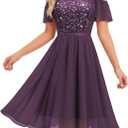 MUADRESS Sequin Cocktail Prom Dress for Teens Sparkly Lace Wedding Guest Dress for Women (Purple, XL)